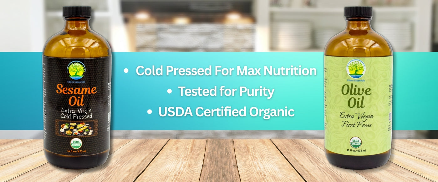 Edens Cold Pressed Sesame Oil and Edens Cold Pressed Olive Oil are both free of additives, certified organic, and great for a variety of needs. Whether you're stir frying some veggies or making your own salad dressings and marinades. Edens Essentials has the right product for you.