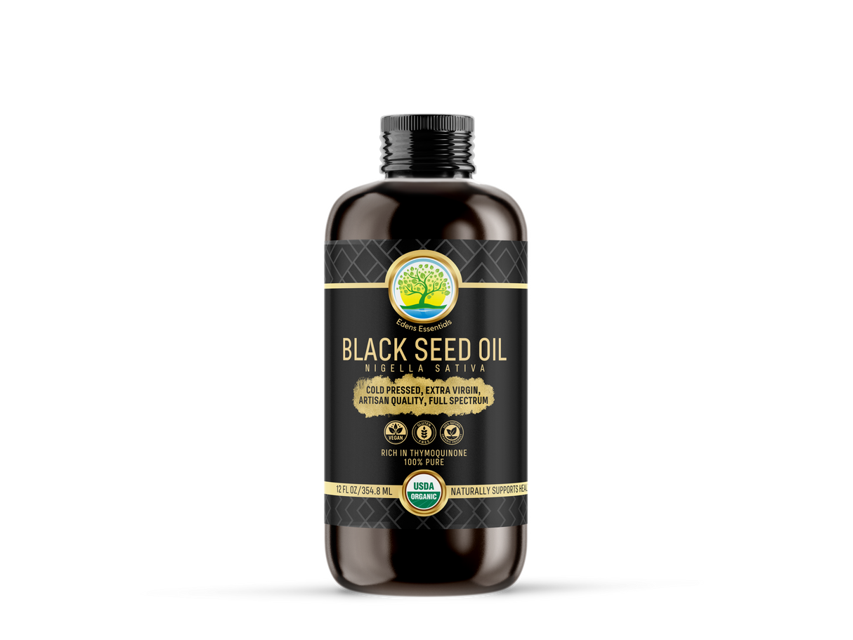 Edens Organic Black Seed Oil, cold-pressed from Nigella Sativa seeds, rich in antioxidants and thymoquinone, supporting immune health, cardiovascular wellness, and skin care.