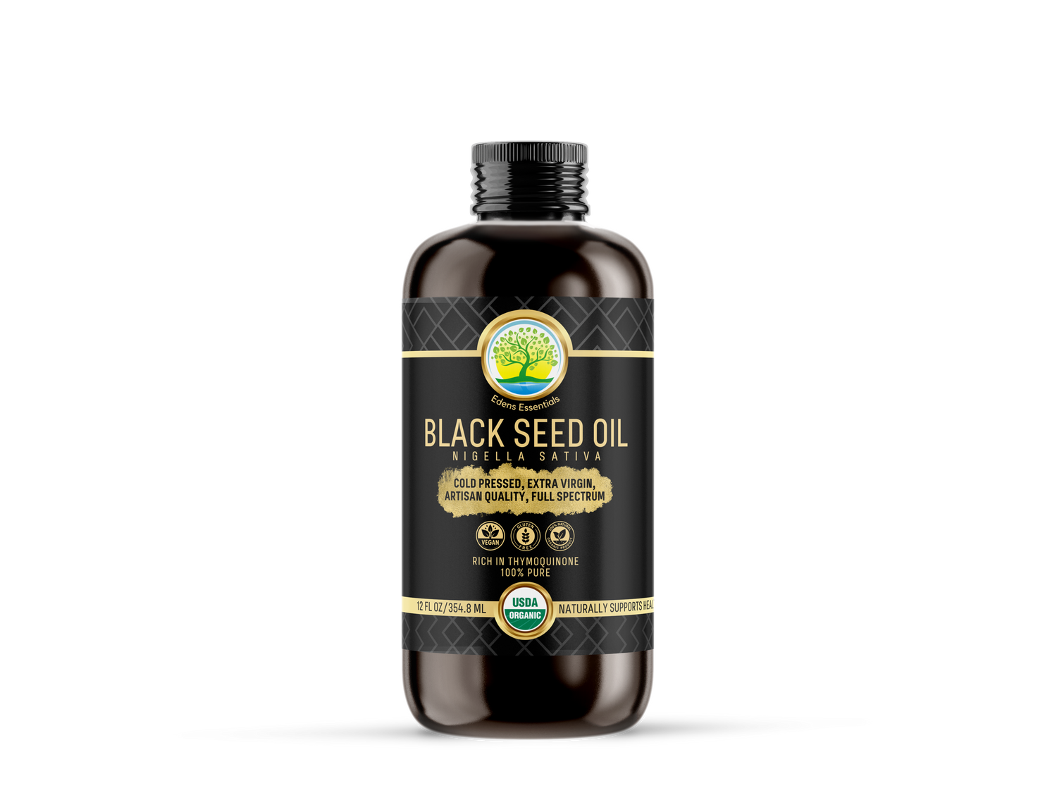 Edens Organic Black Seed Oil, cold-pressed from Nigella Sativa seeds, rich in antioxidants and thymoquinone, supporting immune health, cardiovascular wellness, and skin care.