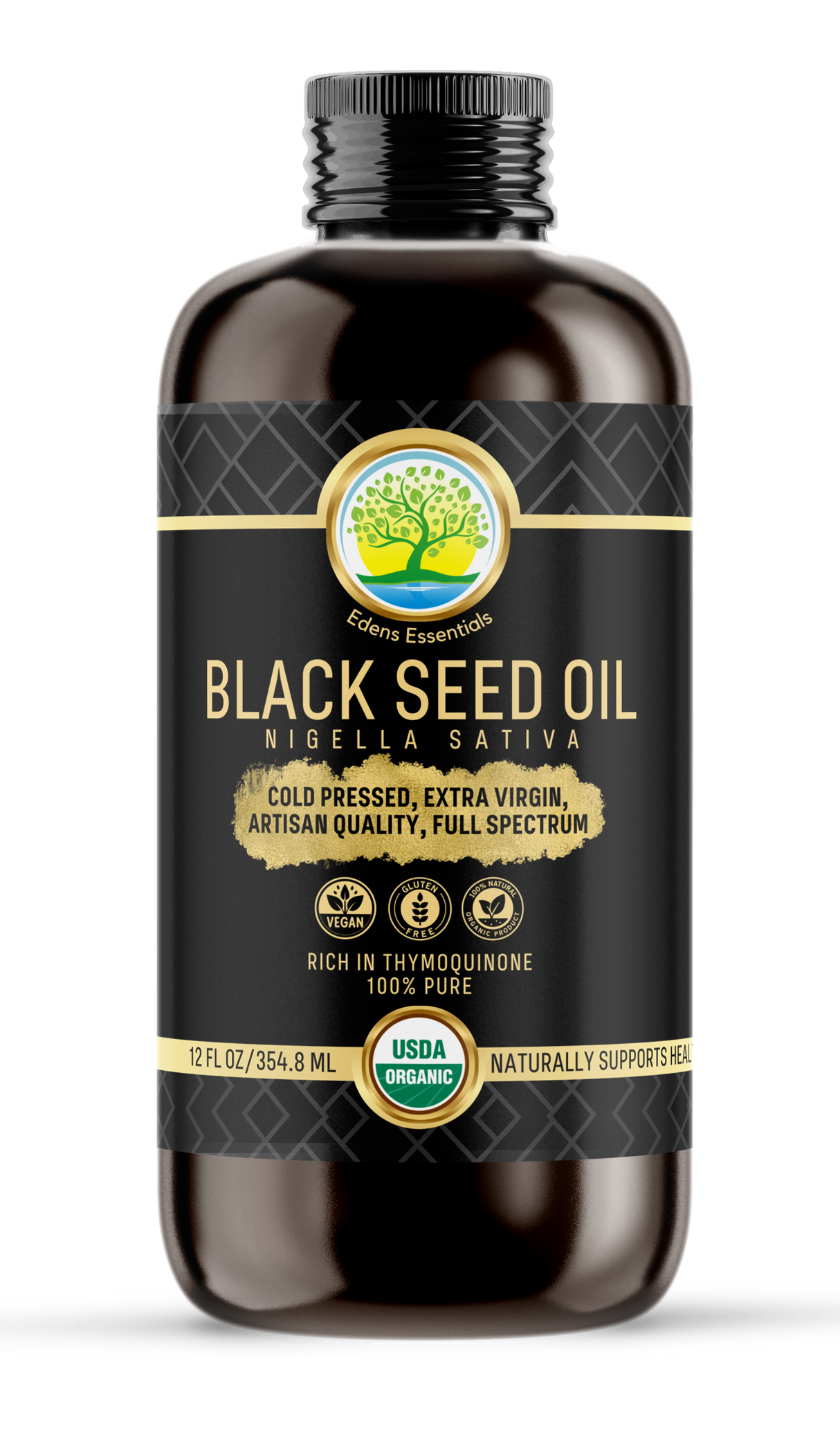 Edens Organic Black Seed Oil, cold-pressed from Nigella Sativa seeds, rich in antioxidants and thymoquinone, supporting immune health, cardiovascular wellness, and skin care.