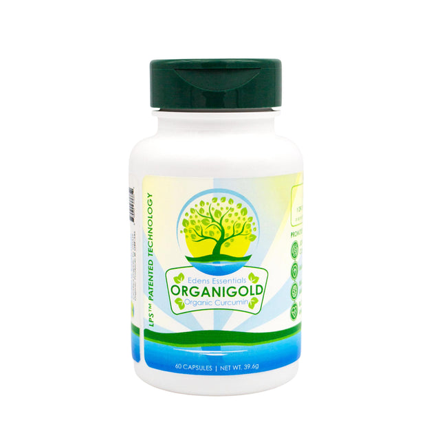 Organigold Curcumin 60 capsules, featuring highly bioavailable organic turmeric curcumin for powerful anti-inflammatory and antioxidant support to enhance joint, heart, and overall health.
