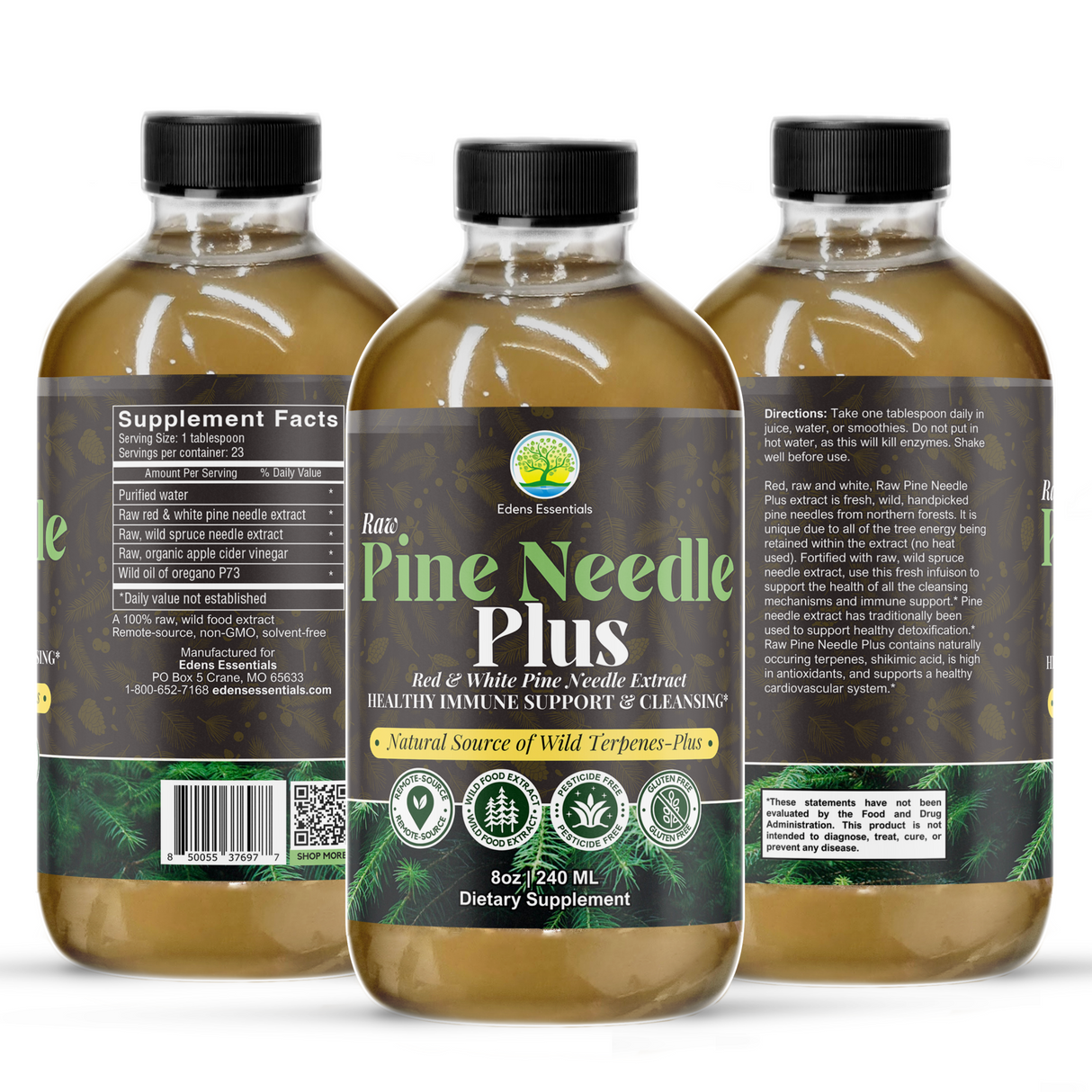 Edens Pine Needle Plus, a wild-crafted blend of red and white pine needles and spruce, rich in antioxidants and terpenes, designed to support immune health, detoxification, and cardiovascular wellness.