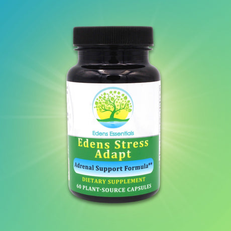 Edens Stress Adapt supplement, featuring a blend of adaptogenic herbs like organic Cordyceps, Rhodiola, and Eleuthero to support adrenal health, healthy energy balance and stress response.