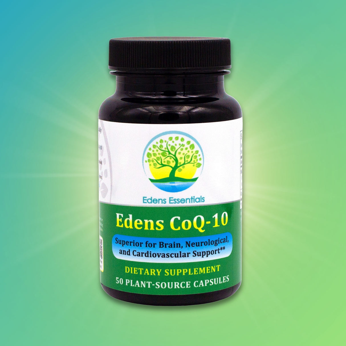Edens CoQ-10 supplement, featuring 100 mg of fermented CoQ-10 in its natural, fat-soluble form, supporting cardiovascular, neuro, and immune health with antioxidant properties.