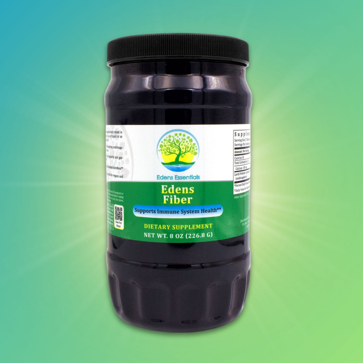 Edens Fiber supplement, featuring a prebiotic blend of arabinogalactan from the larch tree to support immune, bowel, and digestive health.