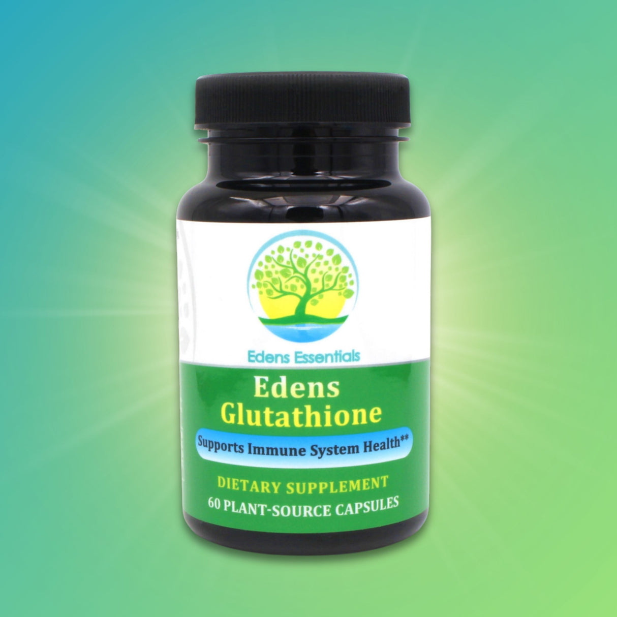 Edens Glutathione supplement featuring 125 mg of reduced L-glutathione, turmeric, reishi, and other botanicals to support detoxification, liver health, and cellular integrity.