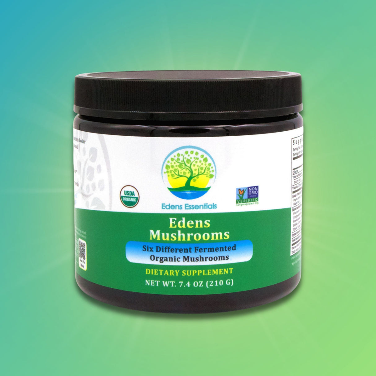 Edens Mushrooms powder featuring a fermented blend of organic Cordyceps, Reishi, Shiitake, Maitake, and Turkey Tail mushrooms, supporting immune health, digestion, and overall wellness.