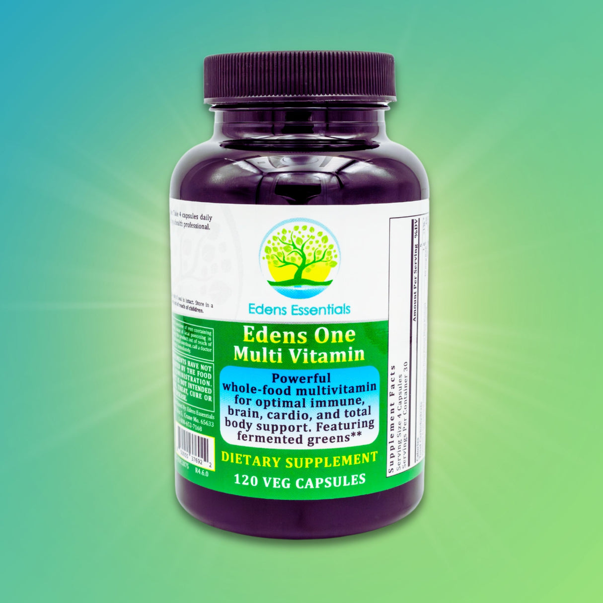 Edens One Multivitamin bottle, featuring a plant-based, synthetic-free formula with fermented nutrients, prebiotics, and postbiotics to support overall health, immune function, and energy.