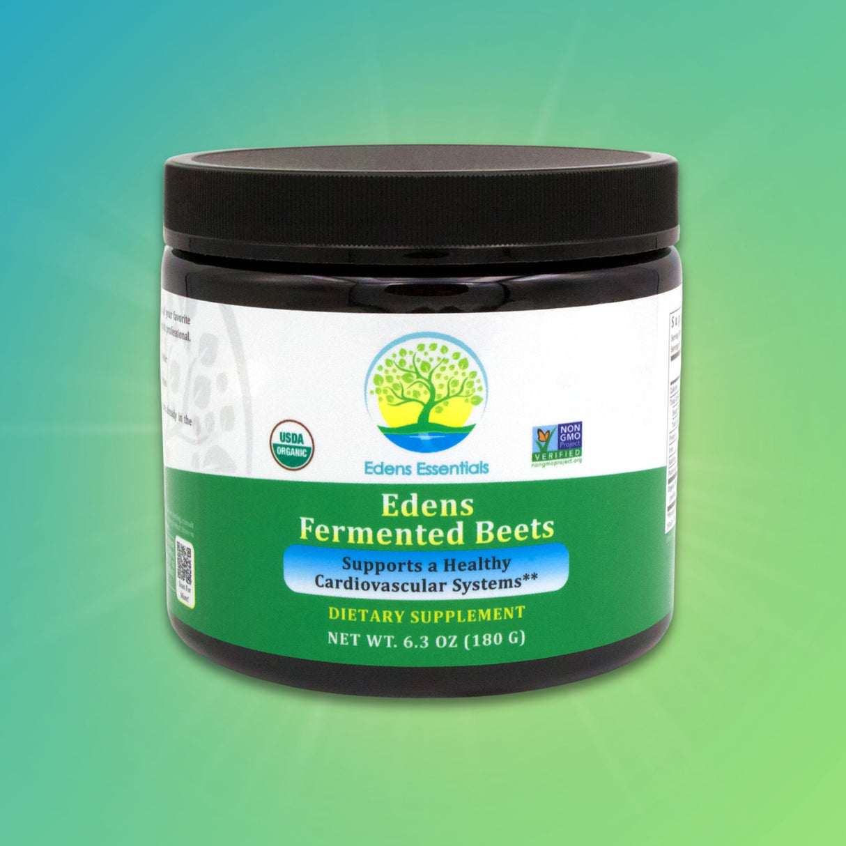 Edens Fermented Beets supplement, featuring 100% organic fermented beet root powder to support cardiovascular health and healthy blood pressure, blood sugar levels, and overall wellness with naturally occurring dietary nitrates.