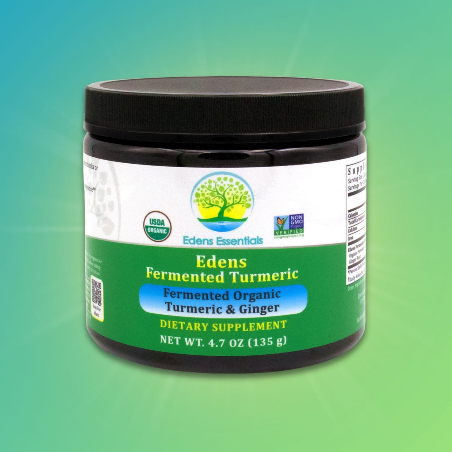 Edens Fermented Turmeric supplement powder, featuring organic turmeric and ginger for enhanced absorption and support for healthy inflammation, liver, and digestion.