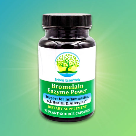 Bromelain Enzyme Power supplement, featuring 500 mg of bromelain from pineapple, along with kiwi, papaya, and digestive support herbs to promote healthy inflammation response, digestion, and joint health.
