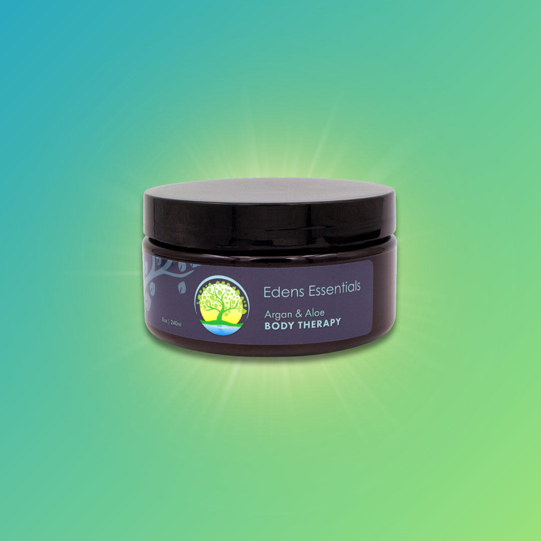 Edens Argan and Aloe Body Therapy Lotion, a hydrating lotion with organic argan oil, aloe vera, and shea butter to nourish and restore moisture for soft, smooth skin.