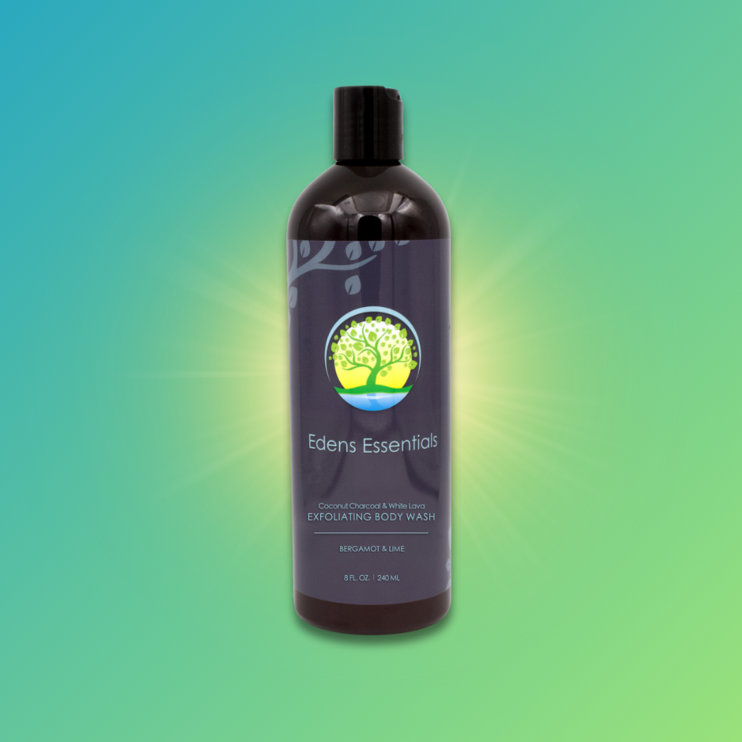 Edens Coconut Charcoal and White Lava Exfoliating Body Wash, featuring activated charcoal and white lava to detoxify, exfoliate, and smooth skin with natural ingredients for a refreshing, glowing complexion. With Bergamot & Lime.