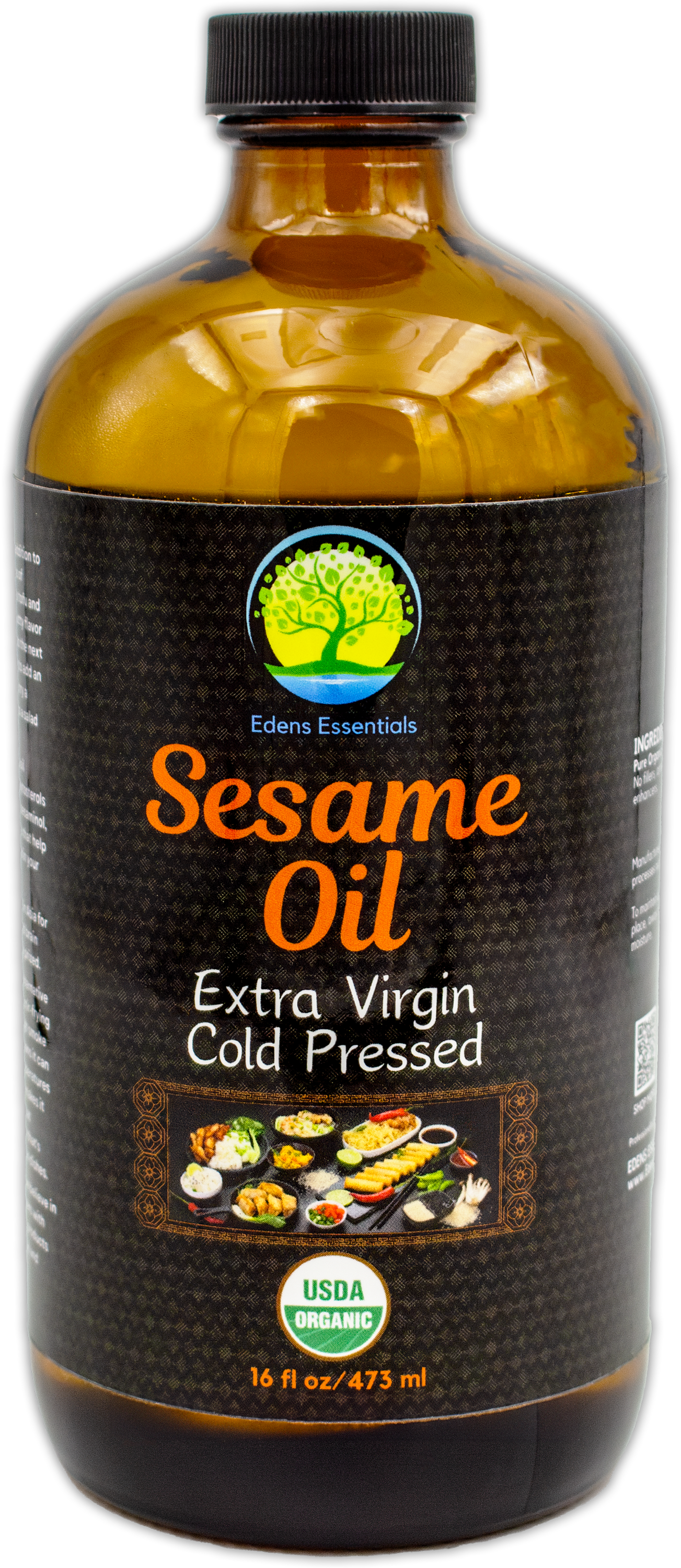 Edens Organic Sesame Oil, cold-pressed to preserve vitamins and minerals, rich in antioxidants, perfect for cooking, stir-frying, and marinating with a distinct nutty flavor.