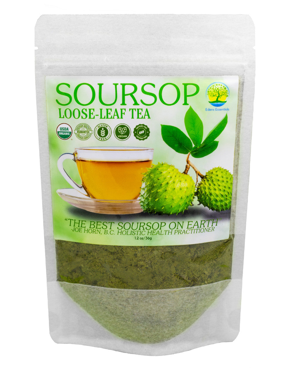 Soursop Loose-Leaf Tea made from 100% organically grown leaves, known for its anti-inflammatory properties and potential support for cellular health.