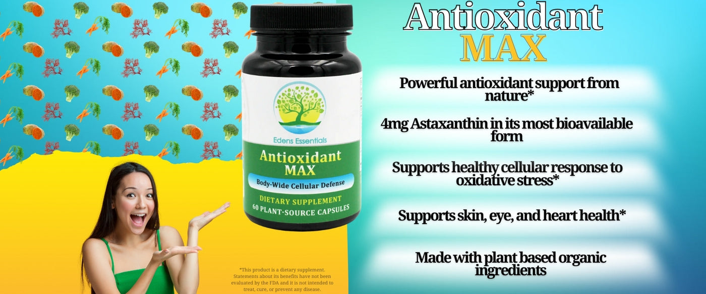 Antioxidant MAX may offer powerful suppor for healthy cellular responses to oxidative stress. The plant based organic ingredients offer the most bioavailable form of astaxanthin and have been reported to be supportive of skin, eye, and heart health. 