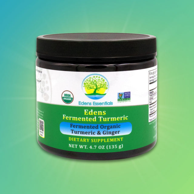 Edens Fermented Turmeric supplement powder, featuring organic turmeric and ginger for enhanced absorption and support for healthy inflammation, liver, and digestion.